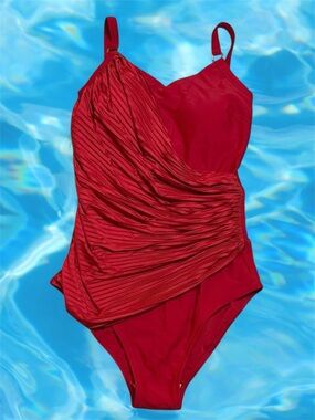 NWT Amoena Red One-Piece Swim Suit Ruched Pleated Panel sz 8